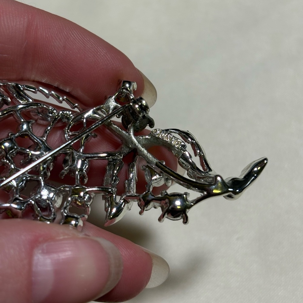 Mid Century Modern Silver Blue Rhinestone Floral Brooch - Picture 6 of 6